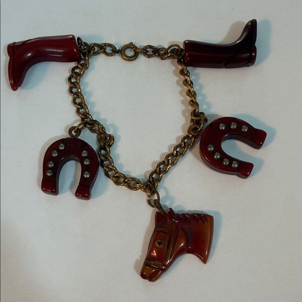Antique Bakelite carved Horse Equestrian themed charm bracelet